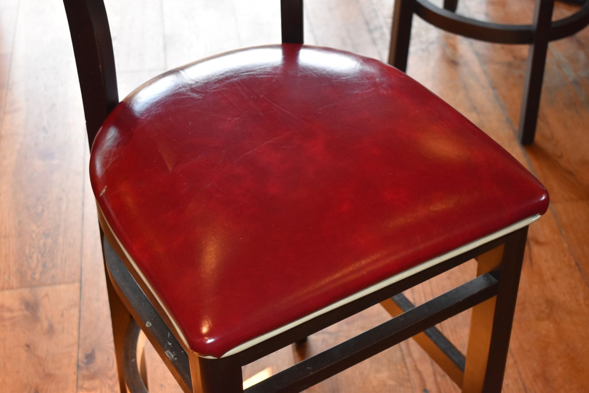 4 x Wine Red Faux Leather Bar Stools From Italian American Restaurant - Retro Design With Dark - Image 4 of 6