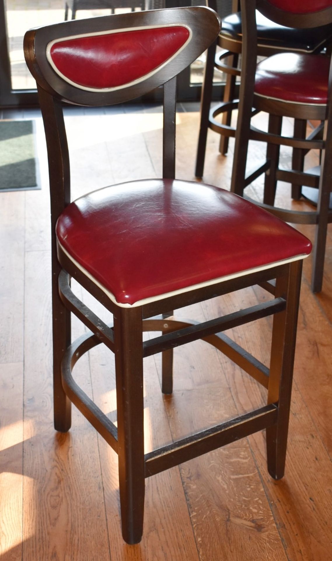 4 x Wine Red Faux Leather Bar Stools From Italian American Restaurant - Retro Design With Dark