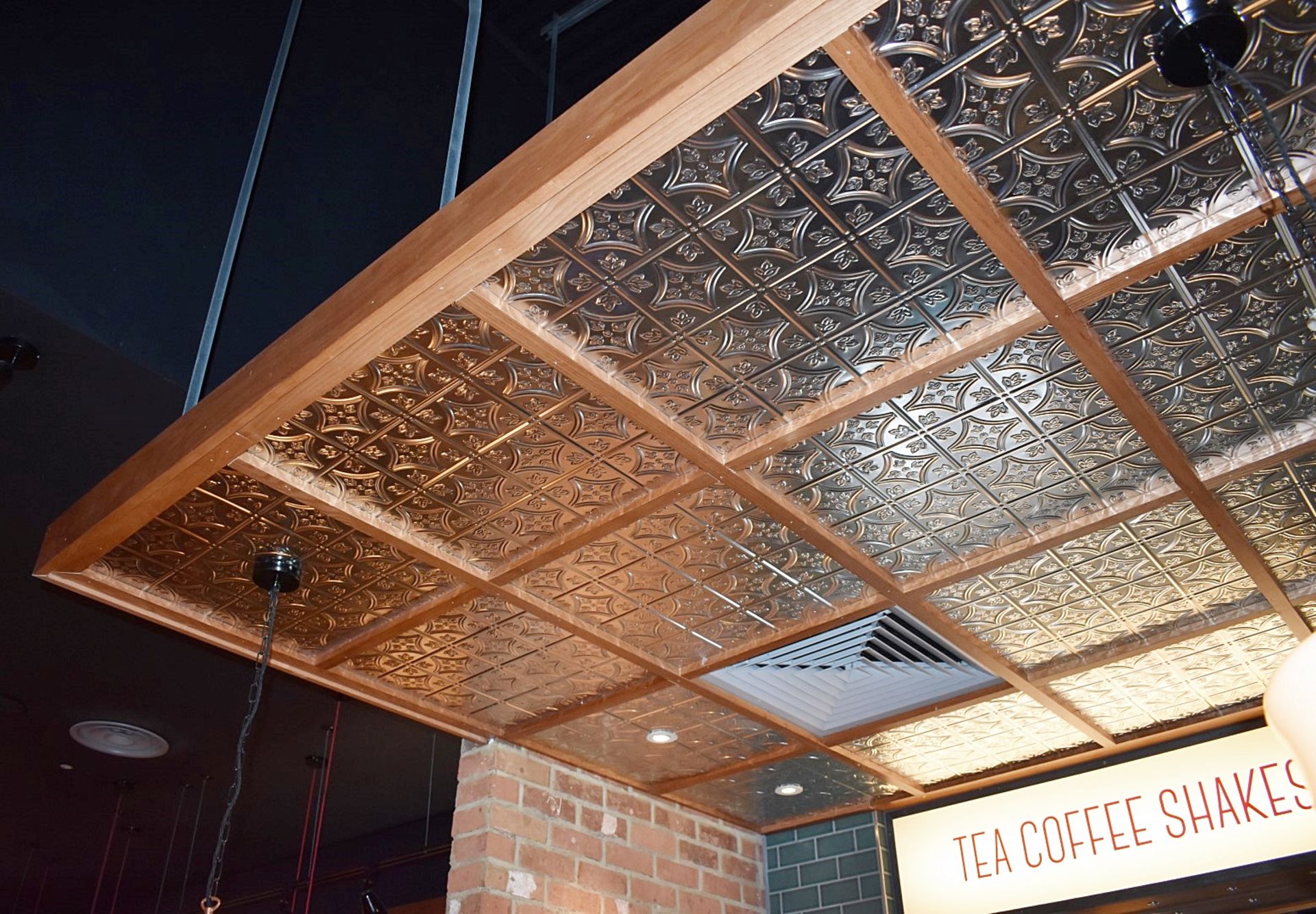1 x Suspended Decorative Ceiling Feature With a Light Wood Frame and Ornate Tin Insert Panels - L470 - Image 5 of 12
