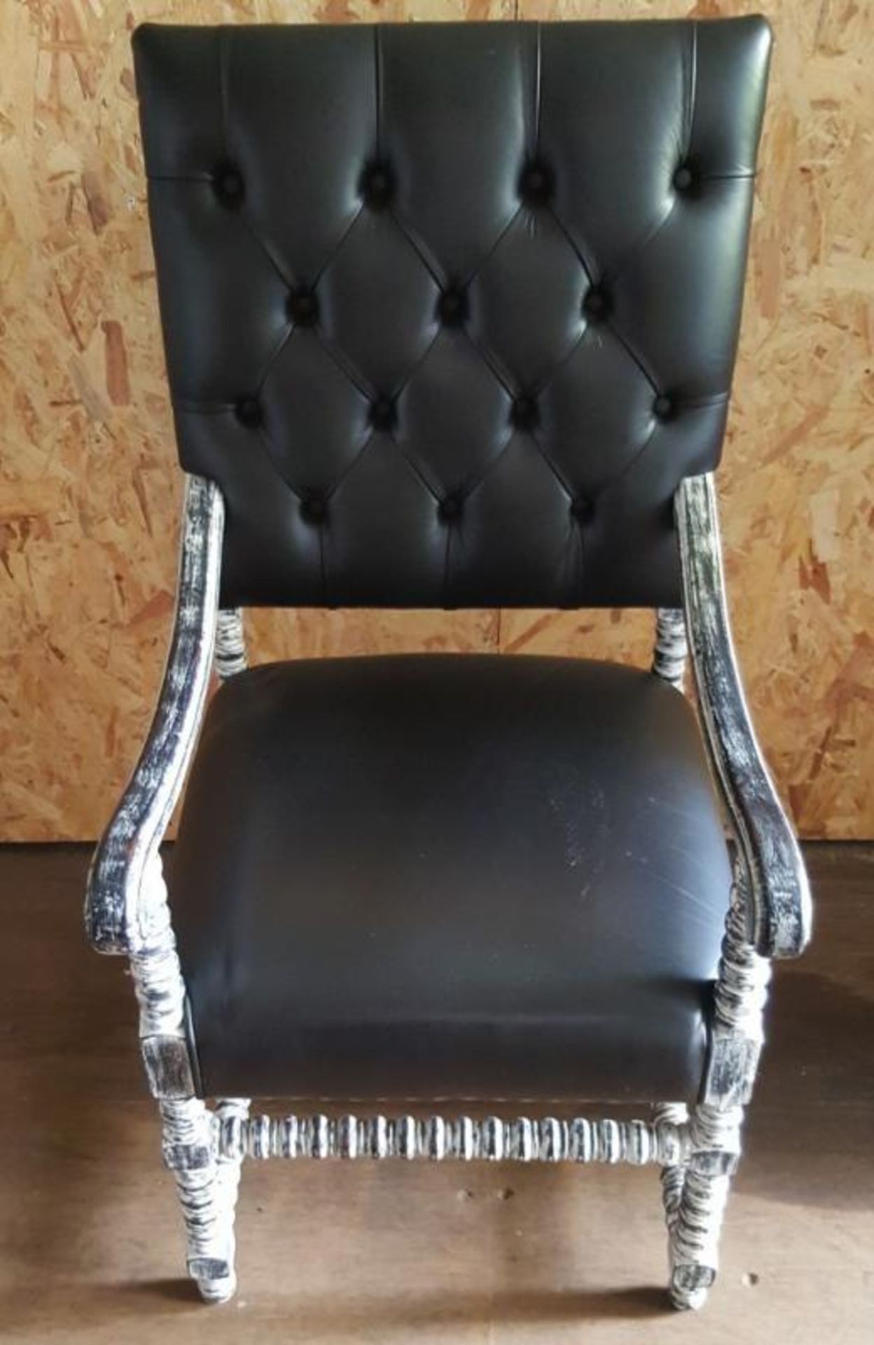 Matching Pair Of Bespoke Hand-Crafted Button-Back Armchairs, Richly Upholstered In A Black Leather A - Image 4 of 6