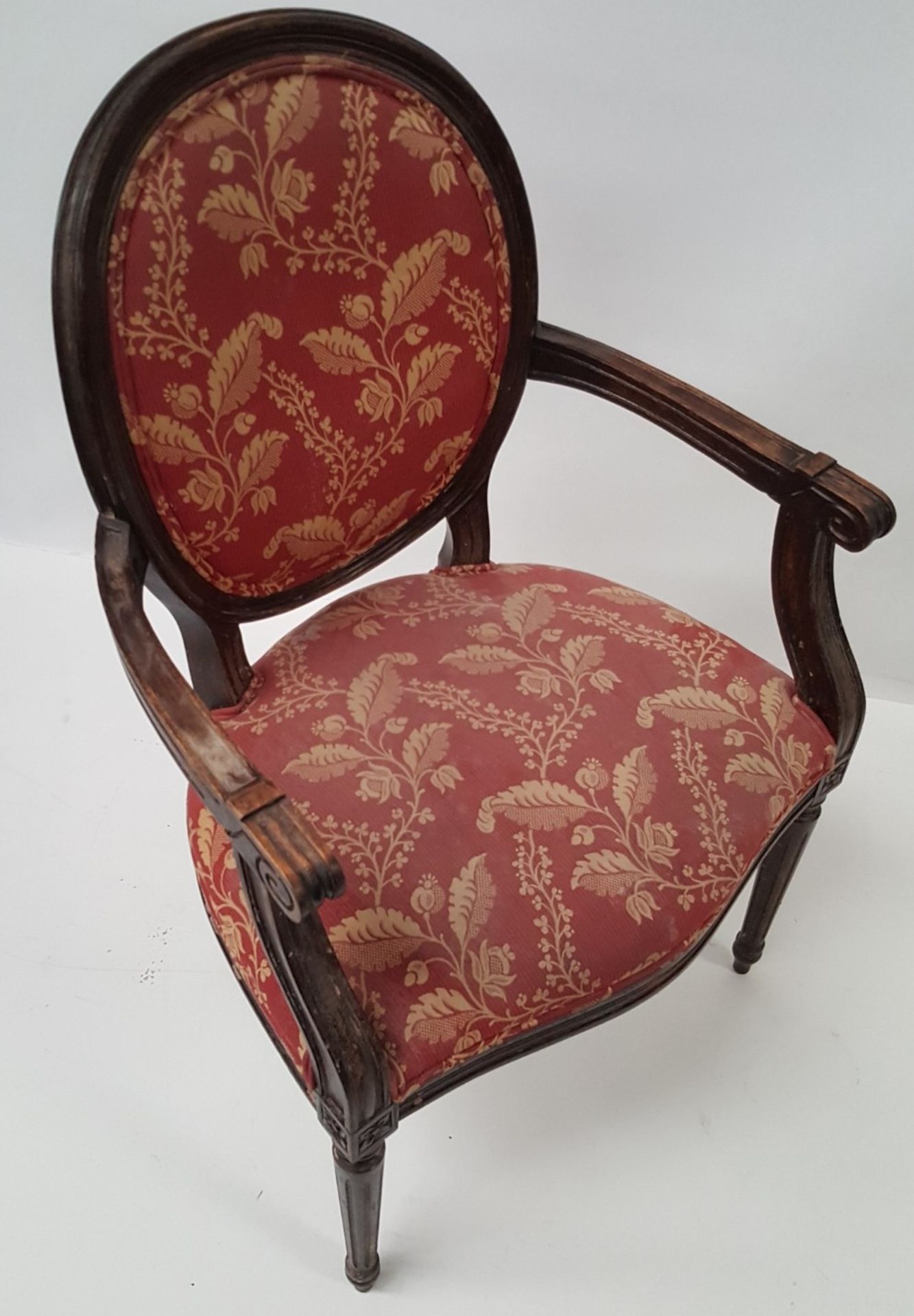 6 x Antique Style Wooden Chairs Upholstered In Red Fabric With Gold Leaf Design - CL431 - Image 7 of 8