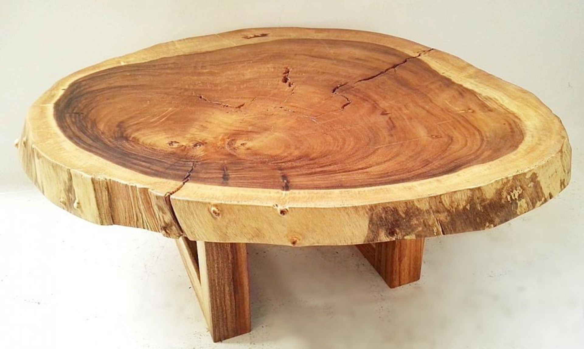 1 x Unique Reclaimed Solid Tree Trunk Coffee Table With Square Base - Dimensions (approx): Diameter