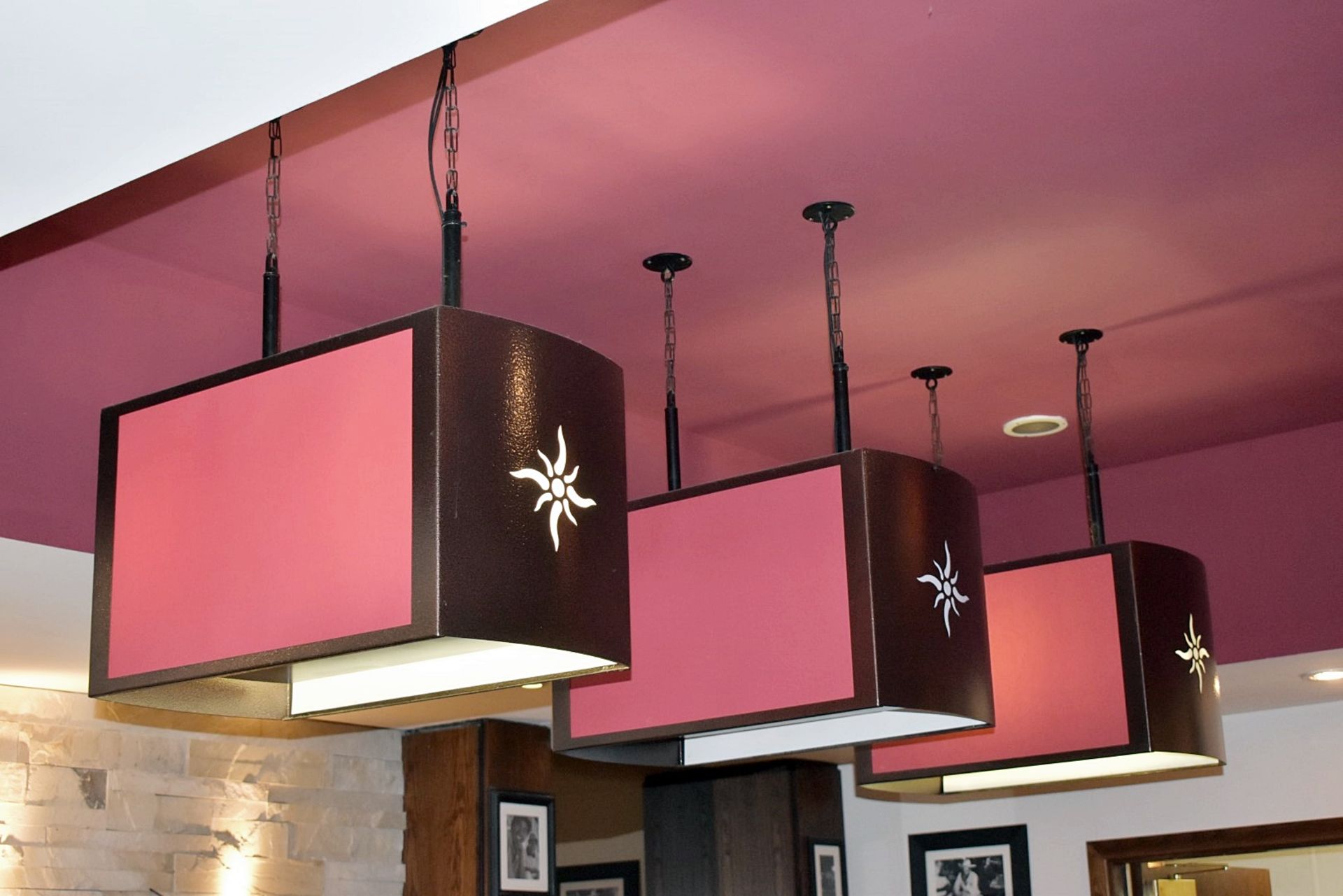 3 x Contemporary Suspended Ceiling Lights in Brown With Cut Out Star Design & Red Fabric Shade Sides - Image 4 of 4