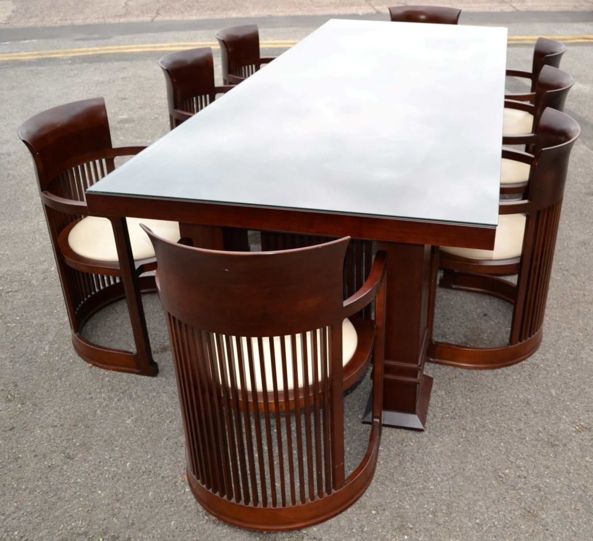 1 x Large Wooden Dining Table In The Style Of Frank Lloyd Wright - Includes 8 x Dining Armchairs -