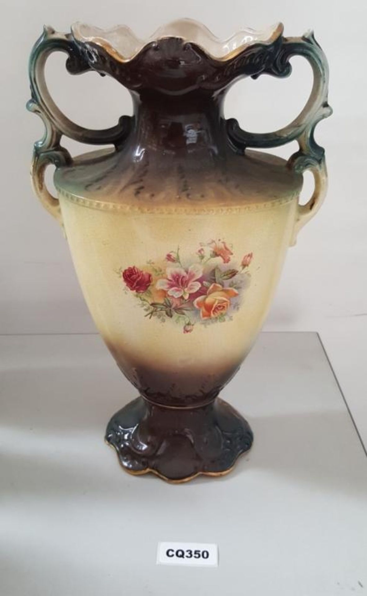 1 x Antique Victorian Porcelain Vase Trophy Shaped In Dark Shade With A Flower Print( Made In Englan - Image 2 of 3