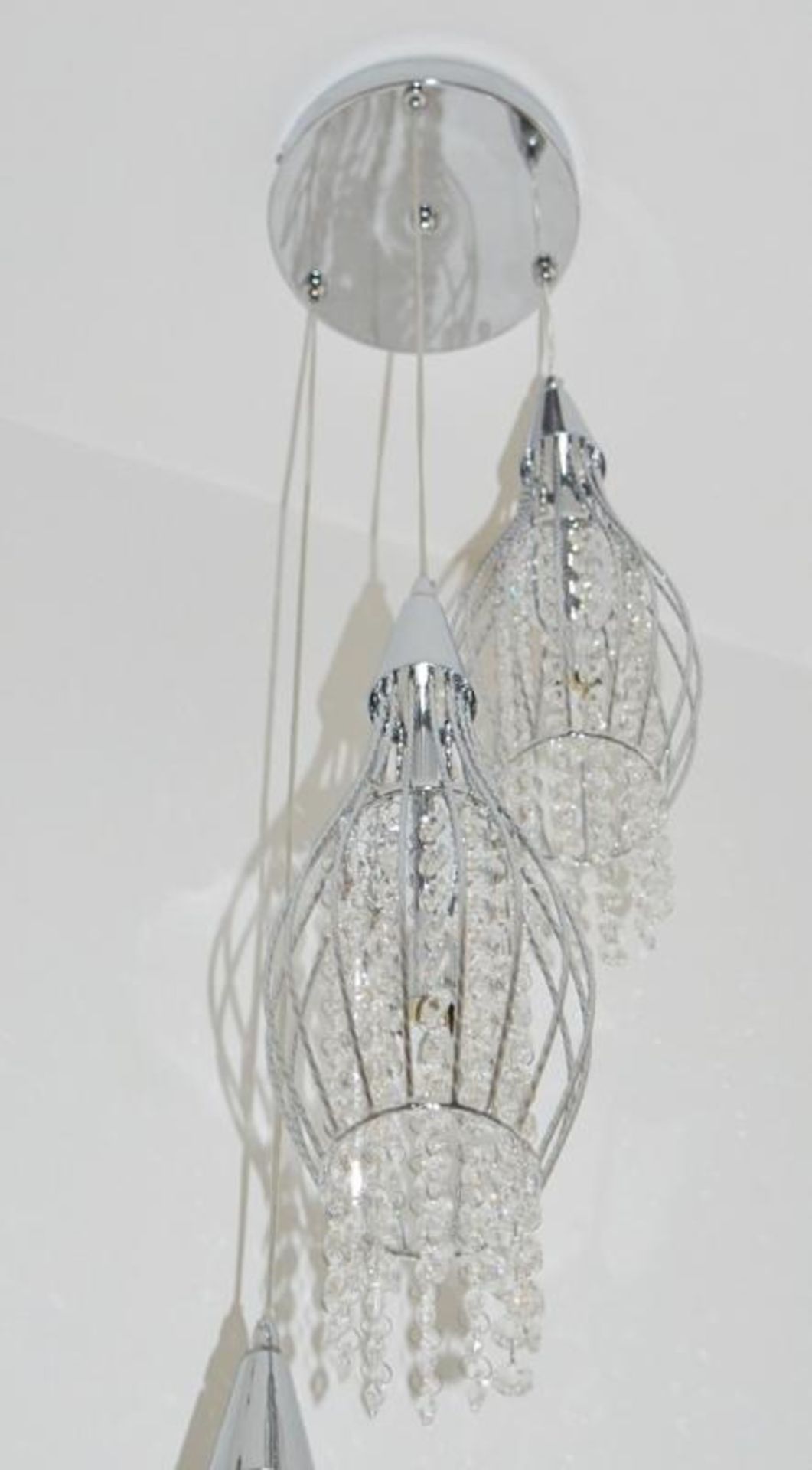 1 x Rocket Chrome 3-Light Cage Multi-drop Pendant Light With Clear Crystal Buttons - Ex Display Stoc - Image 2 of 3