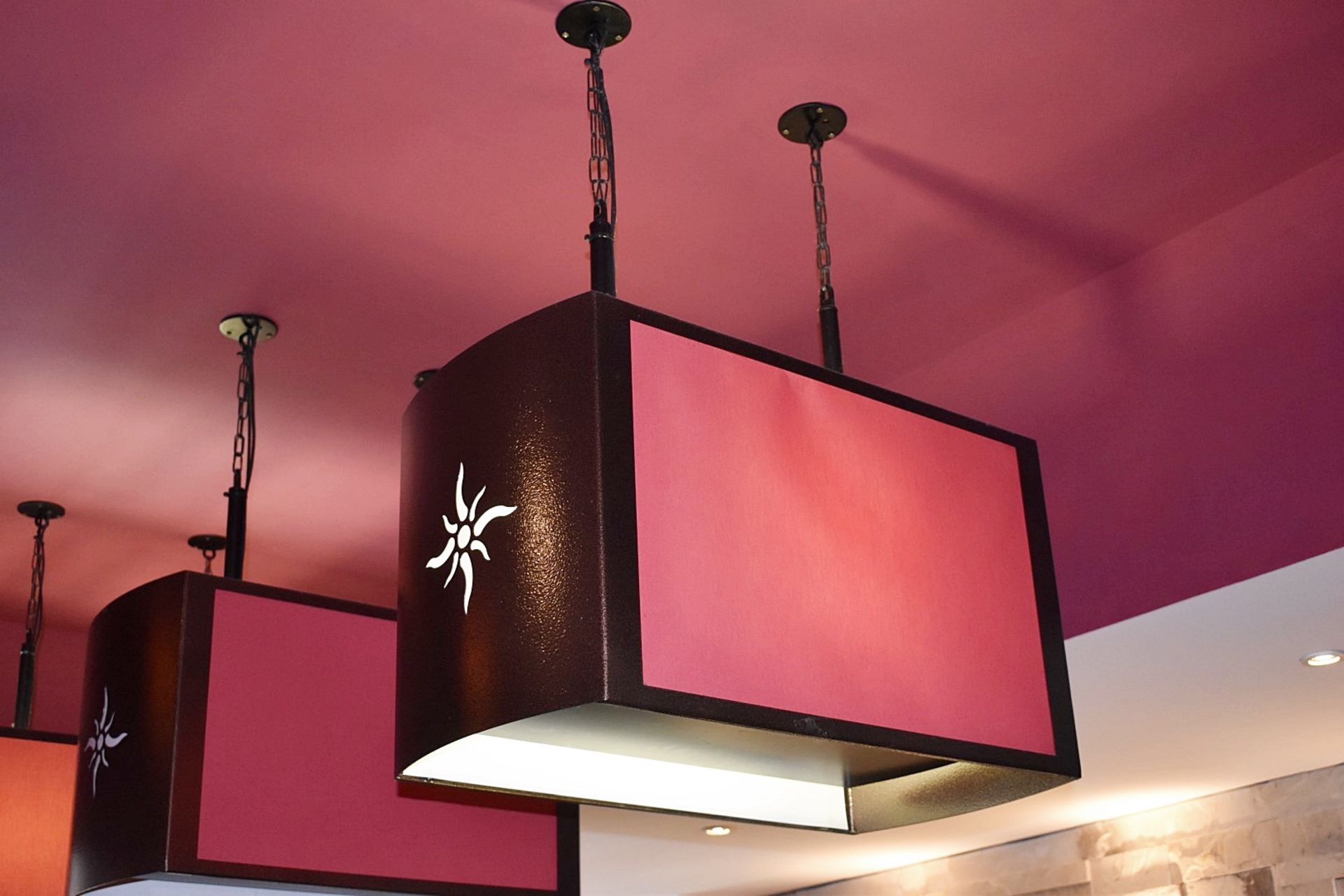 3 x Contemporary Suspended Ceiling Lights in Brown With Cut Out Star Design & Red Fabric Shade Sides - Image 3 of 4
