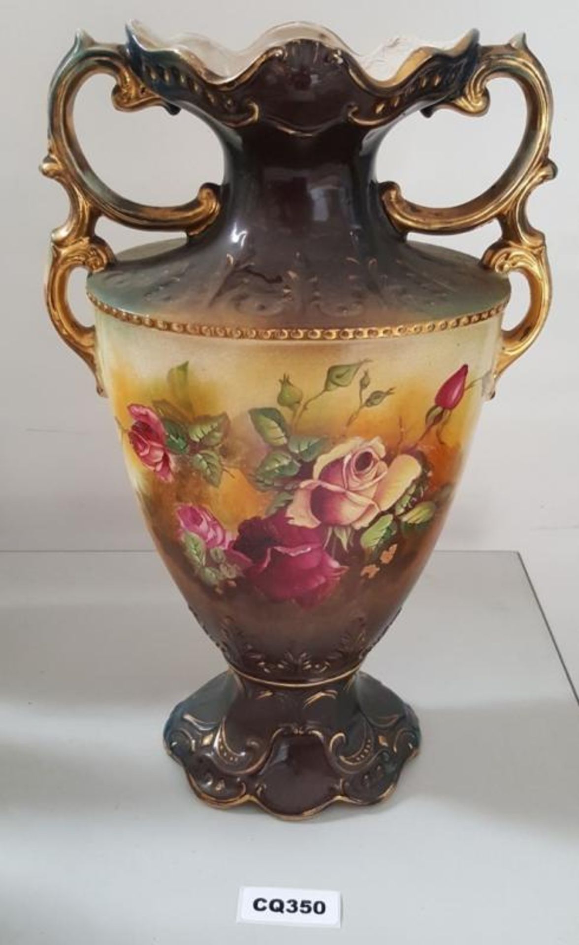 1 x Antique Victorian Porcelain Vase Trophy Shaped In Dark Shade With A Flower Print( Made In Englan