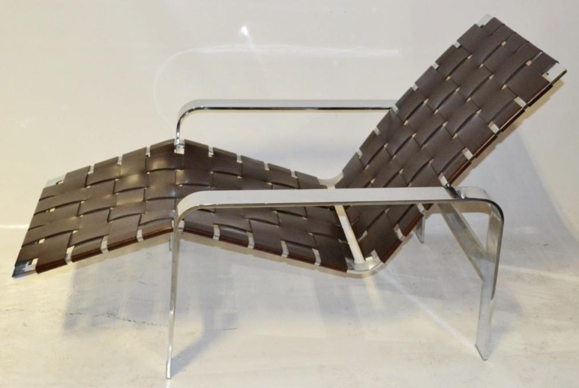 1 x Stunning Designer Chrome Lounge Chair In With Faux Leather Webbing - Dimensions: D144 x W71 x H8