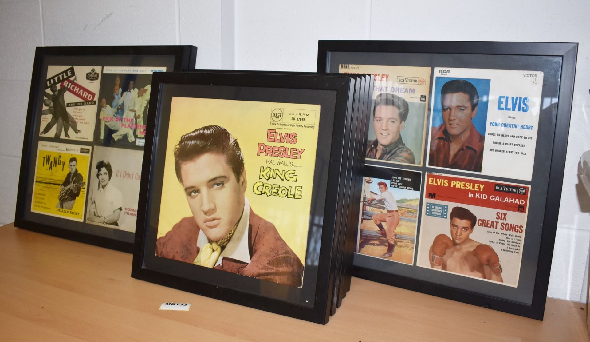 18 x Original Record Sleeves Mounted in 9 x Black Frames - Features Elvis Presley, Connie Francis,