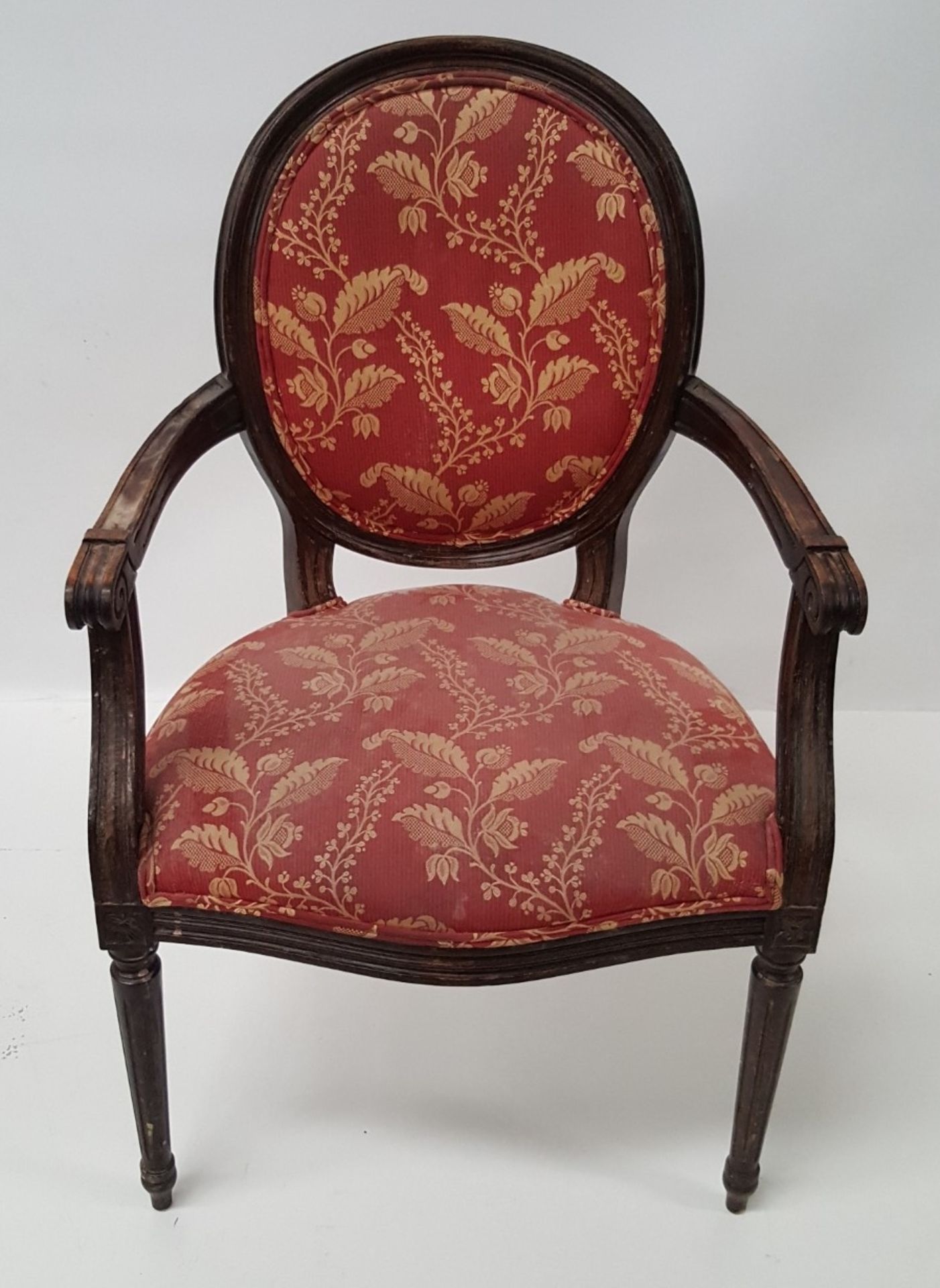 6 x Antique Style Wooden Chairs Upholstered In Red Fabric With Gold Leaf Design - CL431 - Image 4 of 8