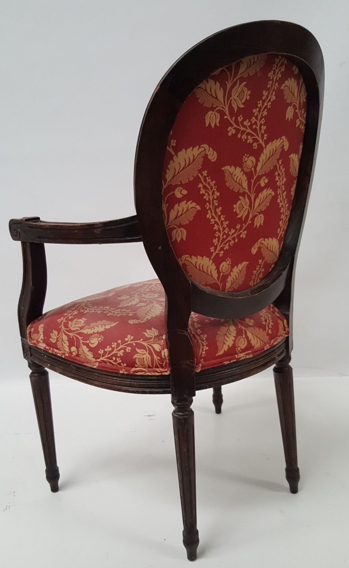 6 x Antique Style Wooden Chairs Upholstered In Red Fabric With Gold Leaf Design - CL431 - Image 7 of 8