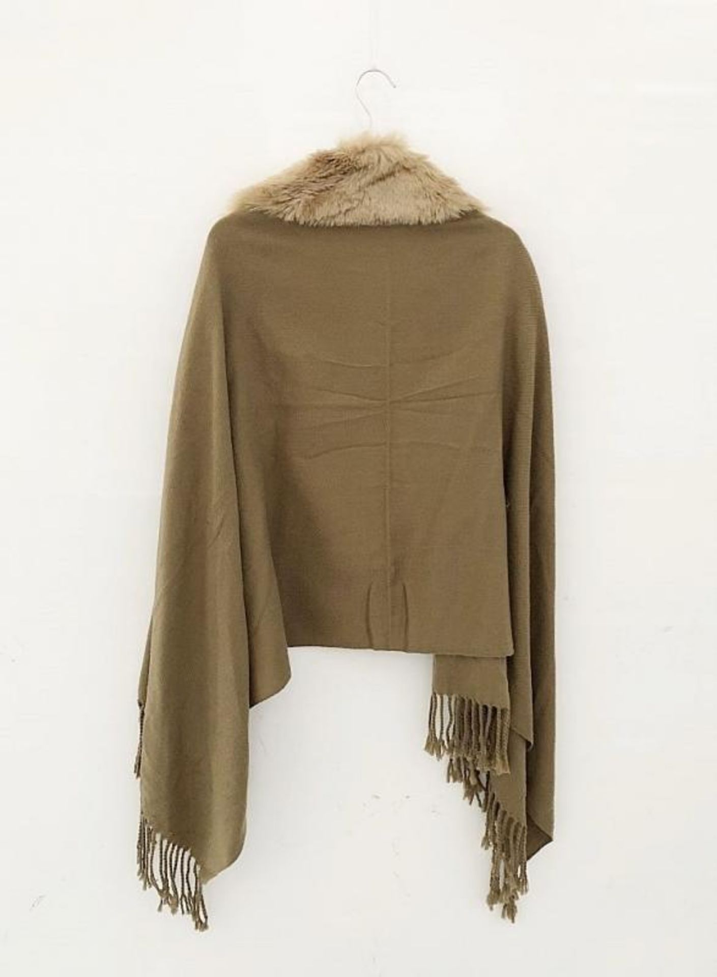 1 x Steilmann Ladies Khaki Shawl Cardigan Which Features 2 Faux Fur Pom Pom's And Attached Built In - Image 2 of 4