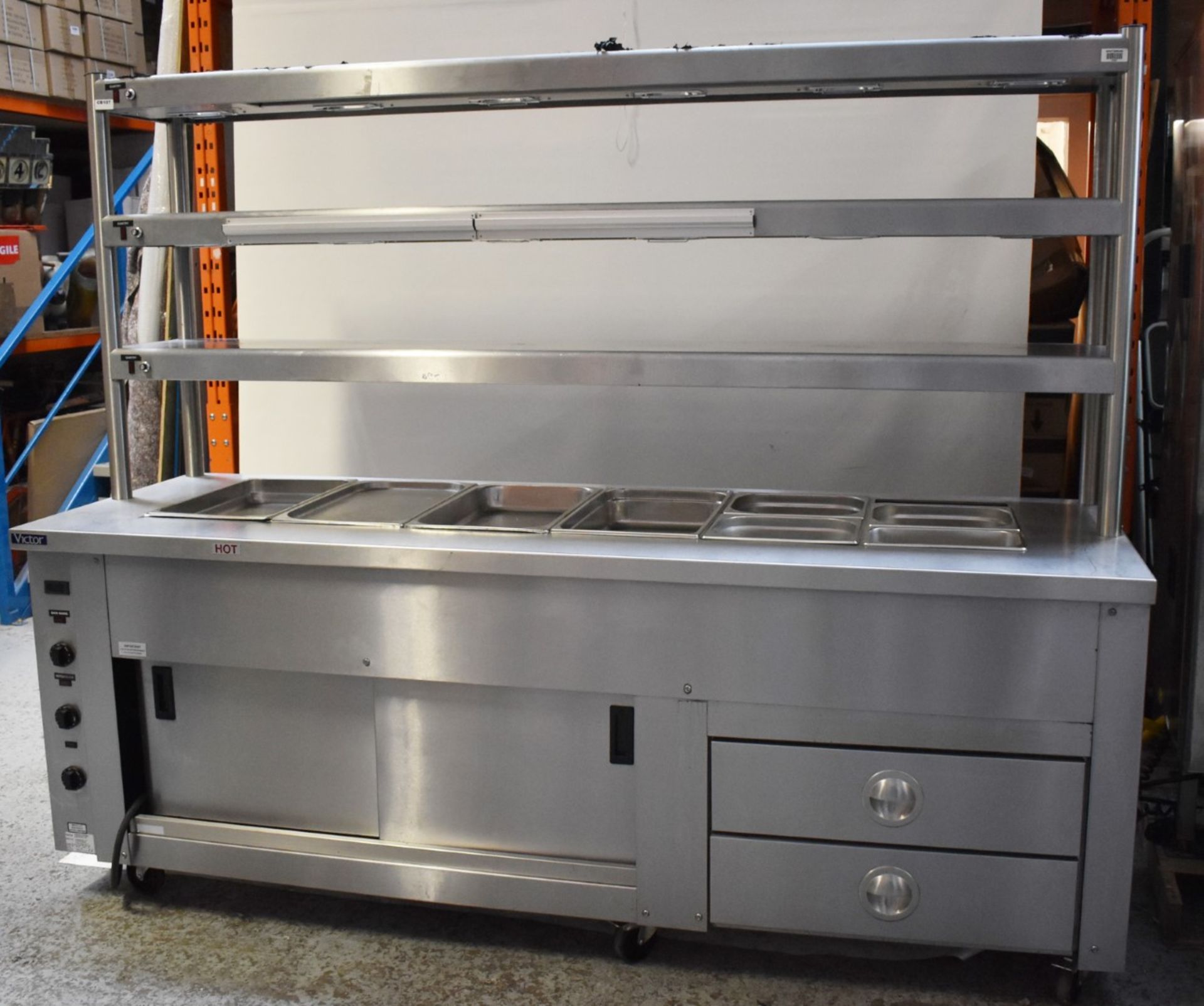 1 x Victor Carib Mobile Server With 3 Tier Gantry, 6 Pan Heated Well, Heated Drawers and Double Door