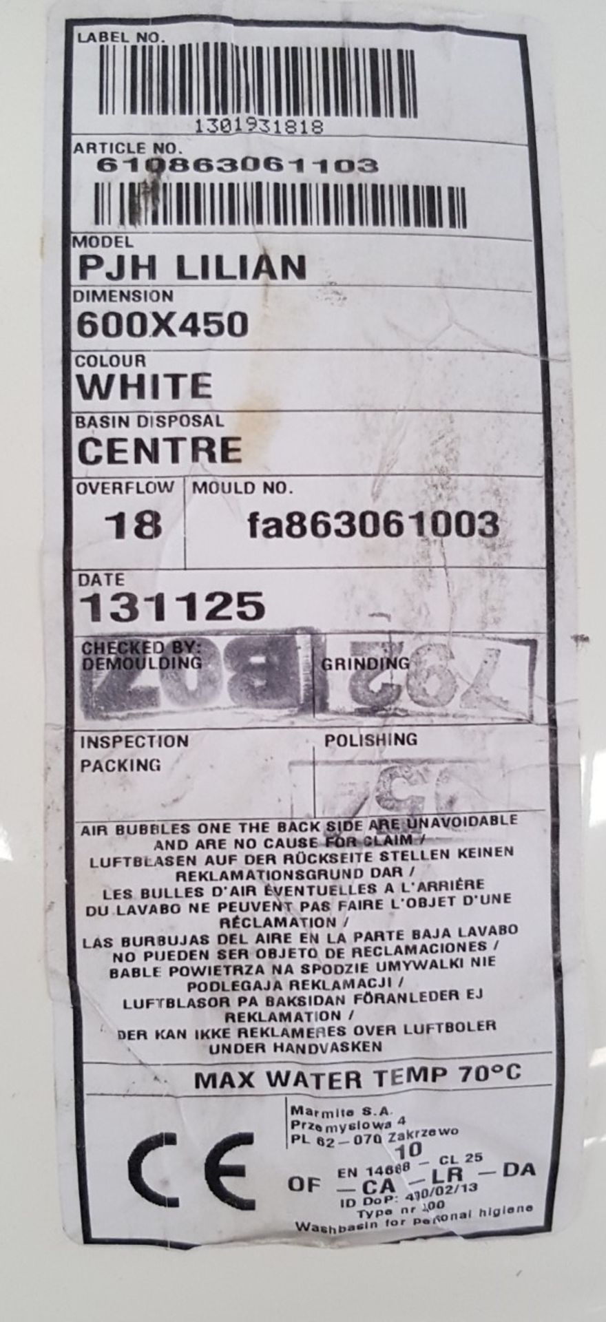 1 x WHITE CERAMIC WASHBASIN 600X450mm PJH LILIAN - Ref BY177 - Image 5 of 7