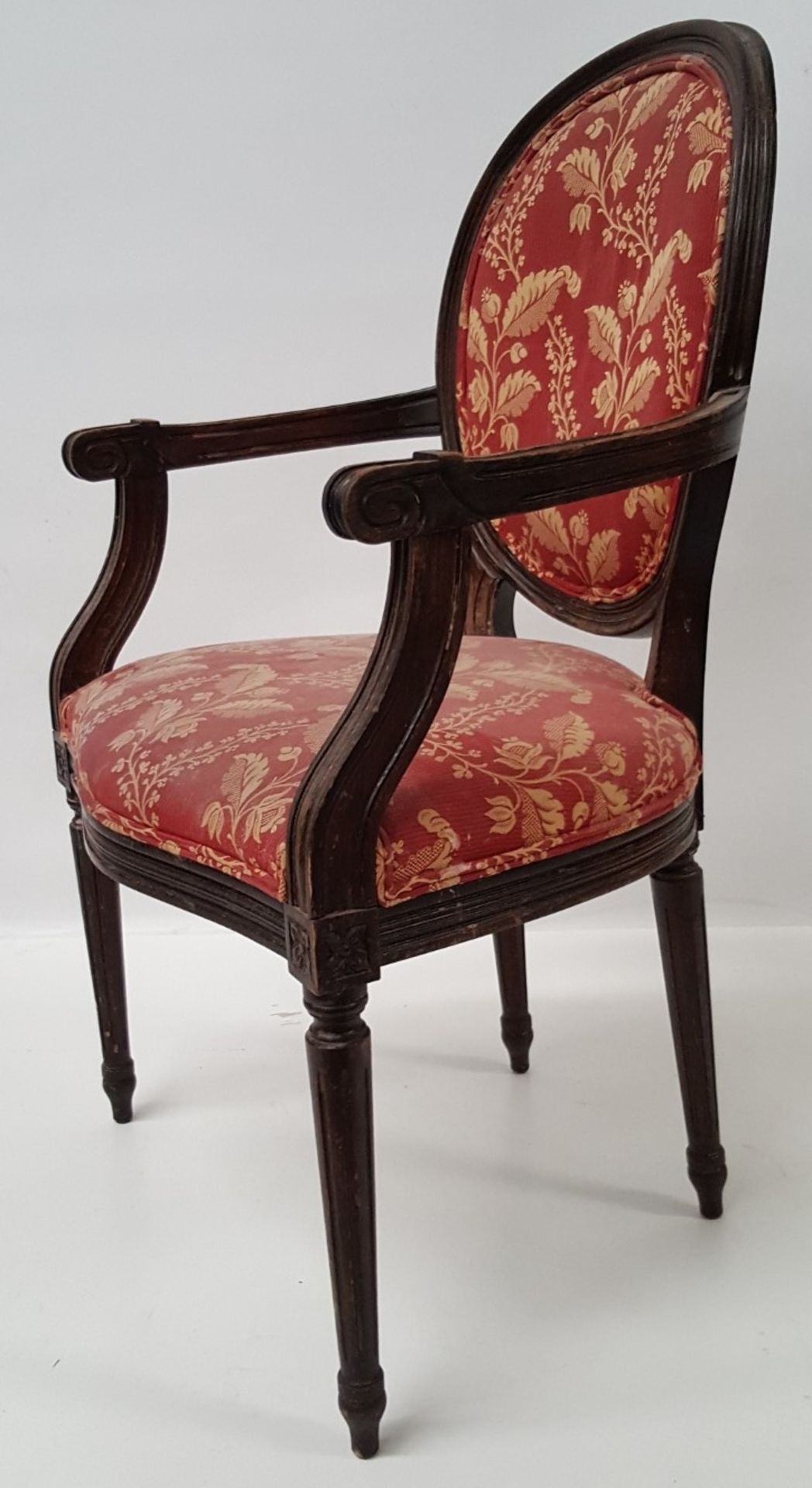 6 x Antique Style Wooden Chairs Upholstered In Red Fabric With Gold Leaf Design - CL431 - Image 7 of 8