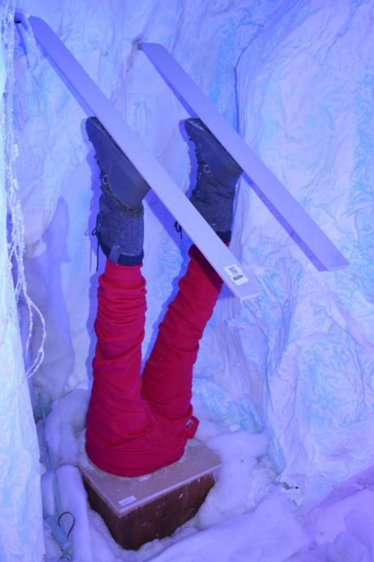 1 x Pair of Upside Down Skiers Legs on Wooden Base - Depicting Stuck in Snow Ski Scene