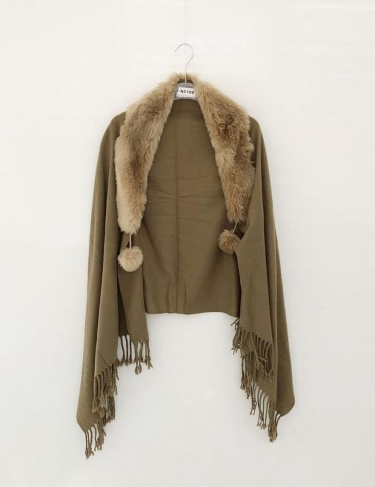 1 x Steilmann Ladies Khaki Shawl Cardigan Which Features 2 Faux Fur Pom Pom's And Attached Built In