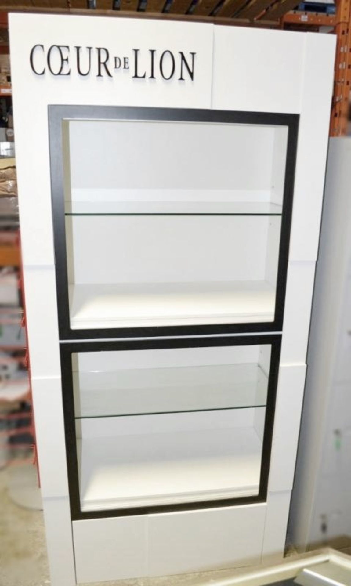 1 x "Coeur De Leon" Branded Tall Retail Shop Display In Ice White With 2 Glass Shelves - Ex-Display