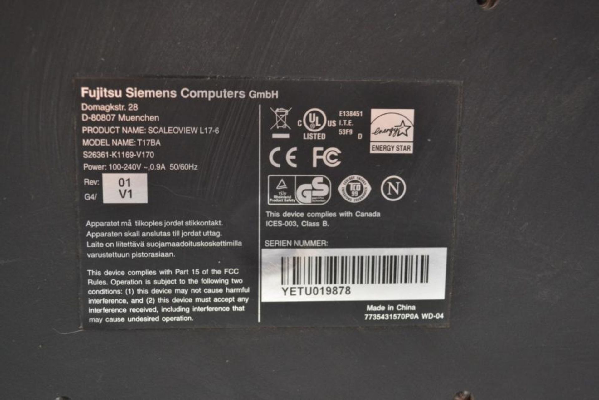 1 x Fujitsu Siemens T17BA 17"LCD PC Monitor - Ref J2265 - CL394 - Location: Altrincham WA14 - HKPal3 - Bild 2 aus 3