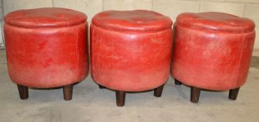 5 x Leather Upholsterd Stools In Red - Dimensions: Height 47cm, Diameter 45cm