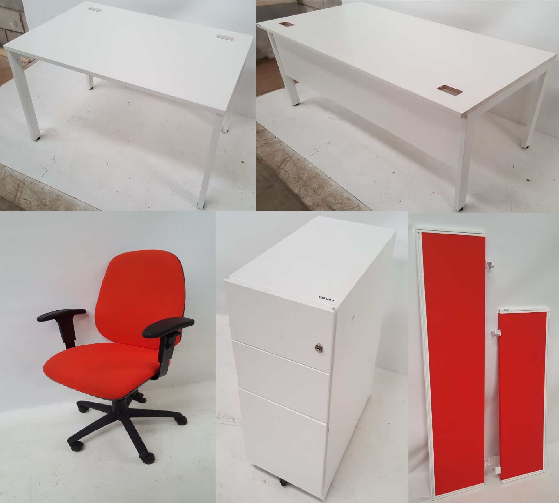 3 x Gresham Contemporary Office Desk Sets in White - Includes Desks, Swivel Chairs, Desk Dividers