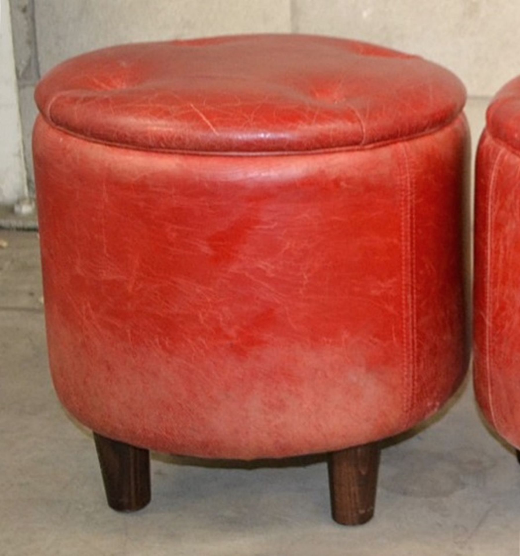 5 x Leather Upholsterd Stools In Red - Dimensions: Height 47cm, Diameter 45cm