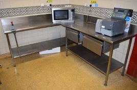 1 x Stainless Steel Corner Prep Table - Features Upstand, Two Integrated Drawers, Undershelves and