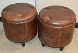 A Pair Of Leather Upholsterd Stools In Brown - Dimensions: Height 47cm, Diameter 45cm