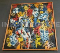1 x Signed Painting Featuring Faces + Nude - Dimensions: 120cm x height 125cm x depth of frame 5cm
