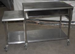 1 x Stainless Steel Mobile Prep Table With Undershelf, Undershelf and Side Table - H88 x W144 x