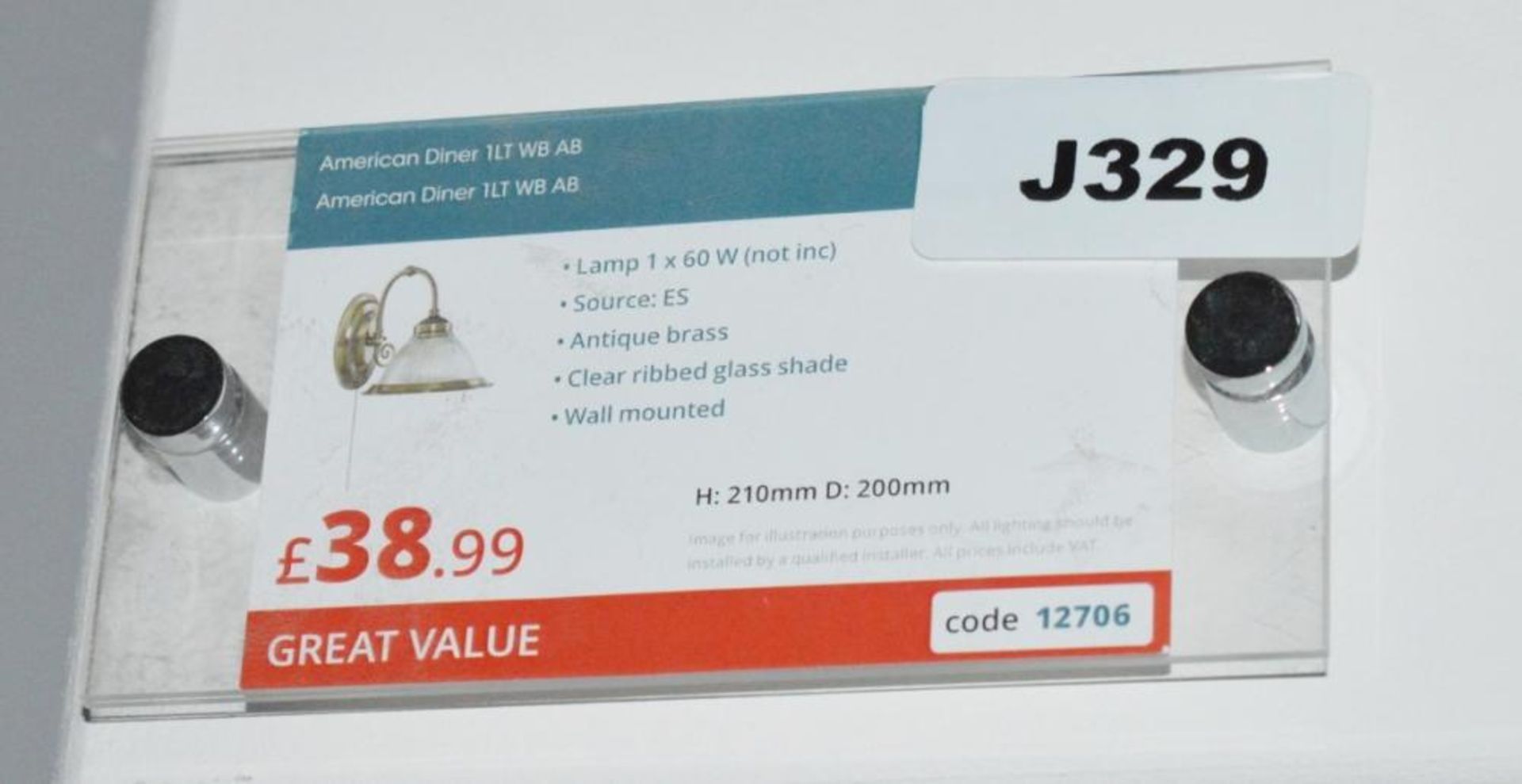 1 x American Diner Wall Lamp - Ex Display Stock - CL298 - Ref: J329 - Location: Altrincham WA14 T1-1 - Bild 2 aus 2