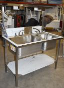 1 x Stainless Steel Wash Stand - New and Unused - Twin Sink Basin, Undershelf, Splashback,  Mixer