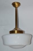 A Pair Of Art Deco Style Ceiling Lights With Brass Bases and White Opal Glass Shades + Extra Base