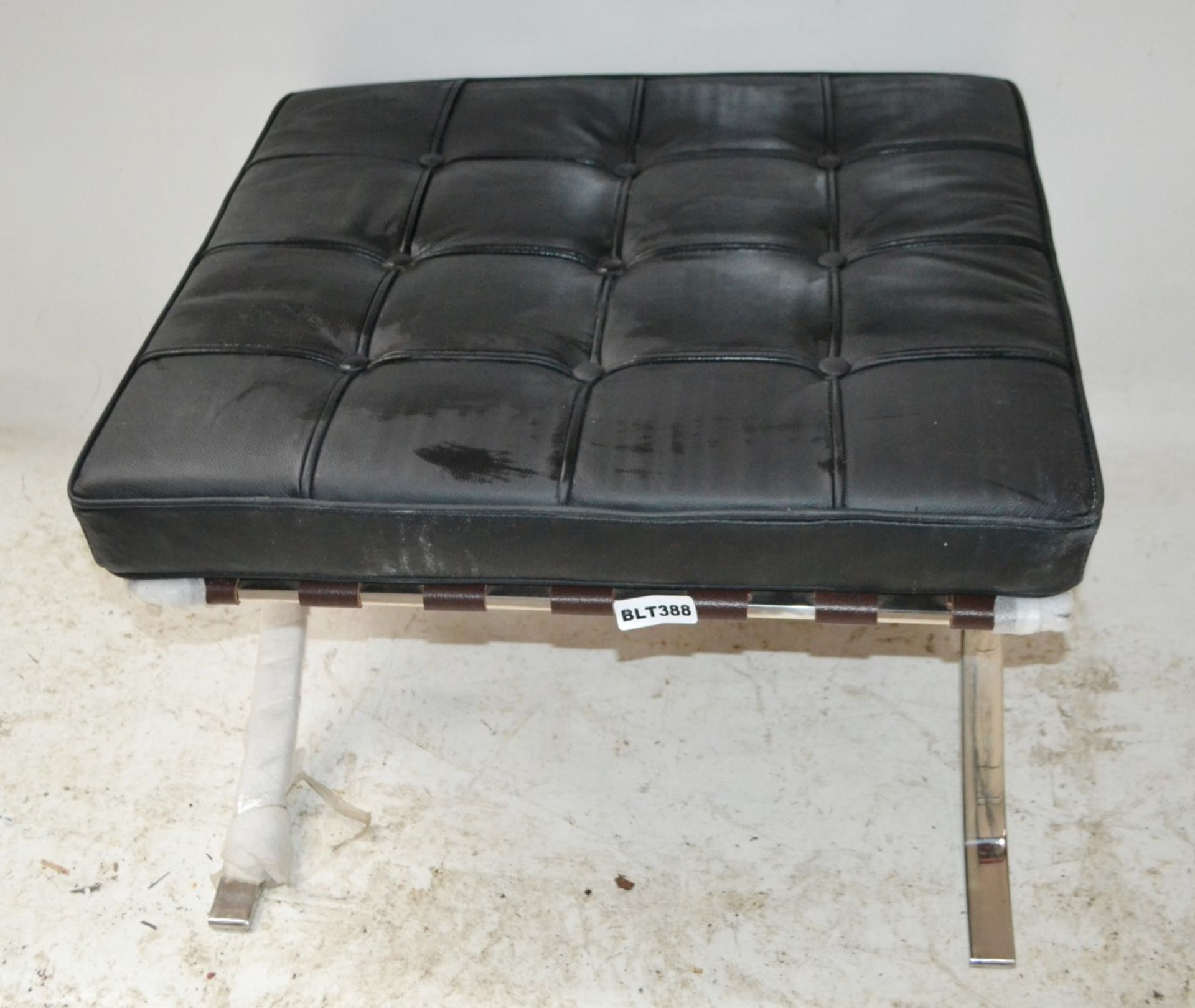 1 x Black Leather Square Foot Stool With Stainless Steel Cross Legs - Ref: BLT388 - Location: WA14