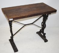 1 x Vintage Table With Ornate Cast Iron Base and Solid Blockwood Table Top - Suitable For Outdoor or