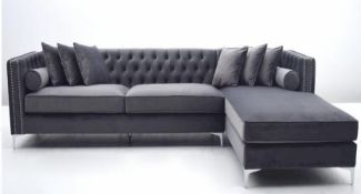1 x HOUSE OF SPARKLES 'Jaxon' Right-Handed Luxury Corner Sofa - Richly Upholstered In Light Grey -