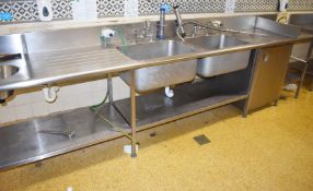 1 x Large Commercial Kitchen Wash Unit With Large Twin Sink Basins, Undershelves, Storage
