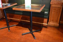 2 x Poser Bar Tables With Granite Effect Surface, Wooden Edging and Cast Iron Bases - H104 x W80 x D