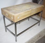 1 x Industrial Butchers Block With Stainless Steel Stand H84 x 125 x D61 cms With 18 cms Thick Maple