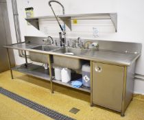 1 x Large Commercial Kitchen Wash Unit With Large Twin Sink Basins, Undershelves, Storage