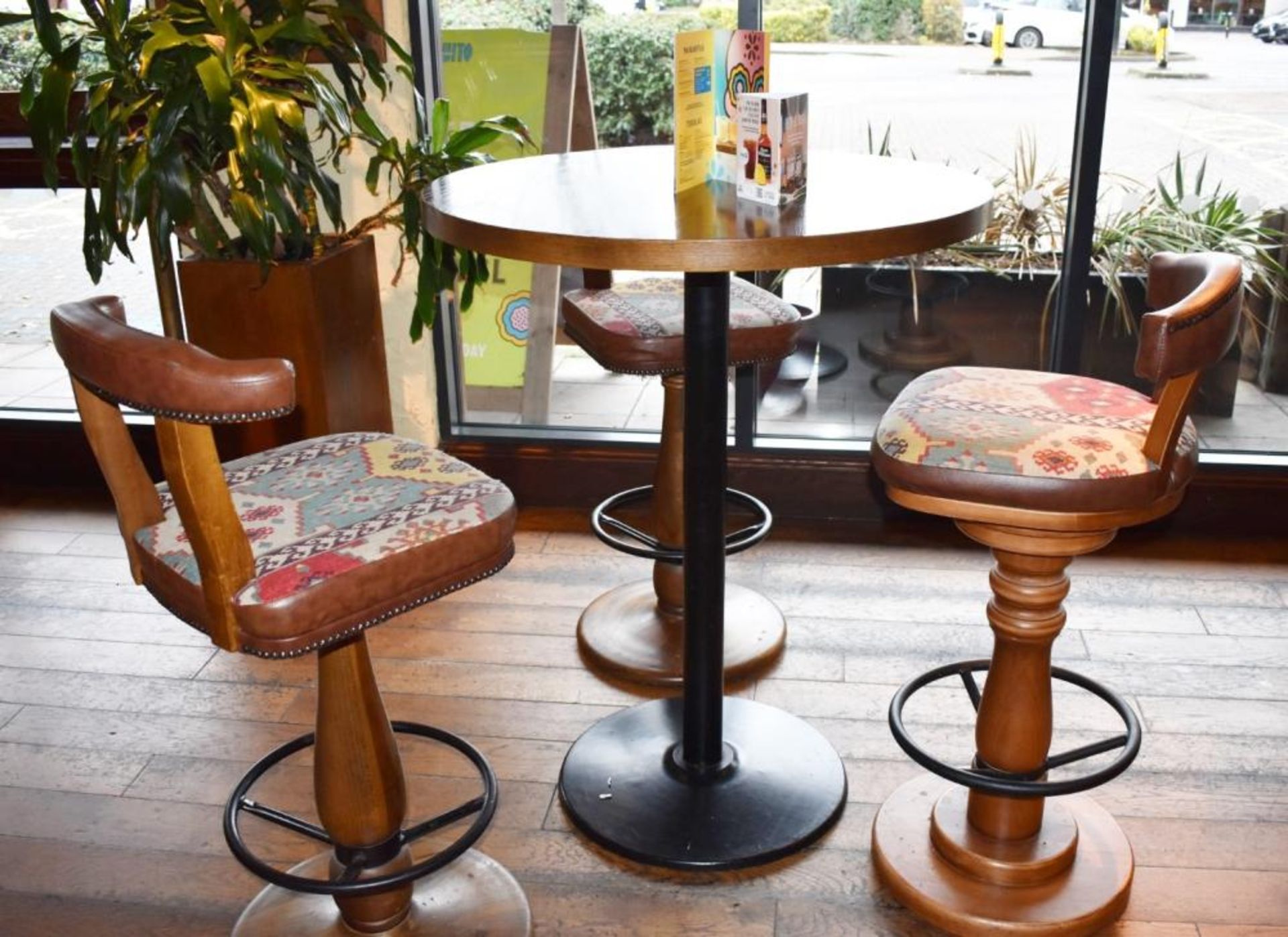 2 x Poser Bar Tables With Black Cast Iron Base and Circular Brown Wooden Tops - H112 x W88 cms - CL - Image 3 of 3
