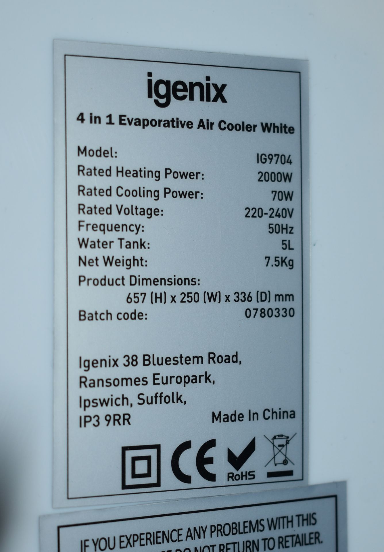 1 x Igenix IG9704 Portable 4-in-1 Evaporative Air Cooler with Fan Heater, Humidifier and Air - Image 6 of 7