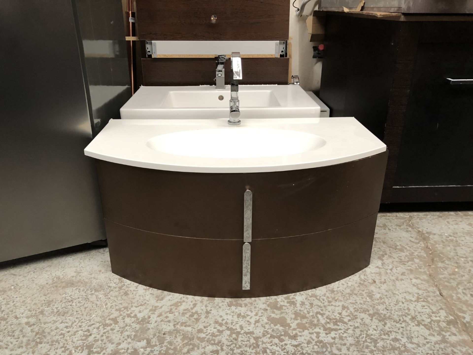 1 x D Shaped White Ceramic Sink With A Large Wooden 2-Drawer Vanity Unit - NC1130 - CL380 - NO VAT - Image 3 of 3