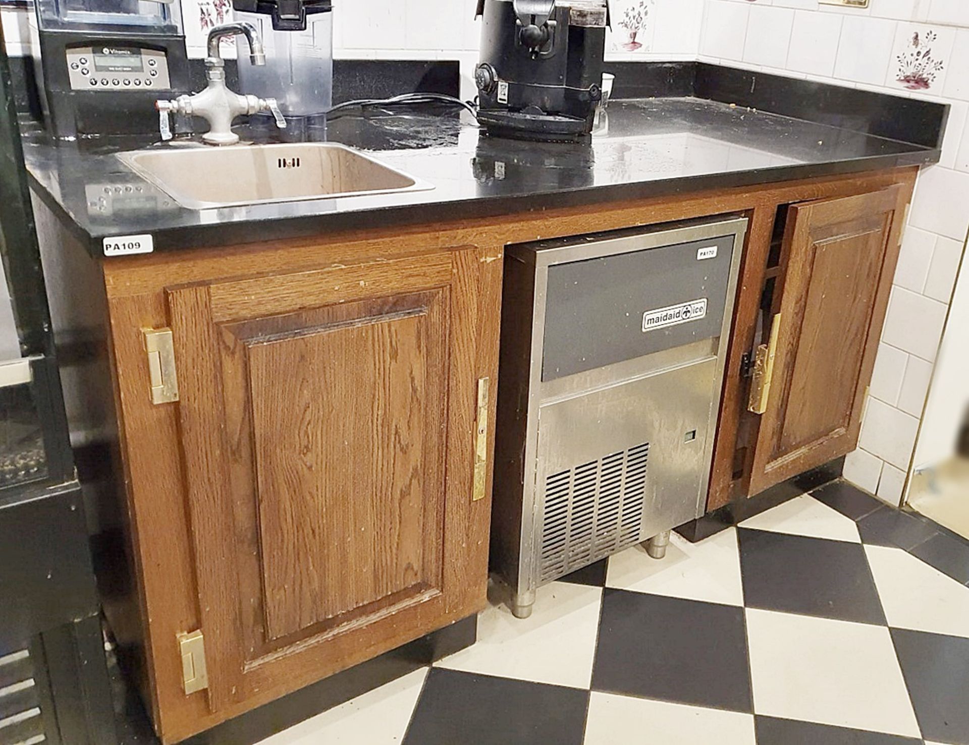 1 x Preparation Counter Unit With Oak Doors and Brass Hardware, Black Granite Work Surface and
