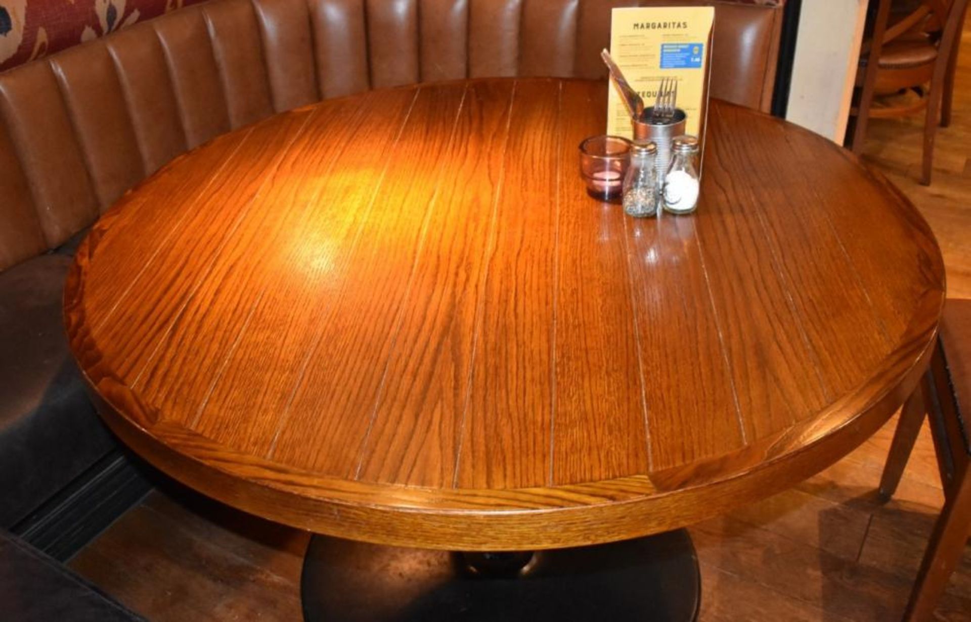 1 x Large Restaurant Dining Table With Brown Panelled Effect Top and Cast Iron Bases - H76 x W120 cm - Image 4 of 4