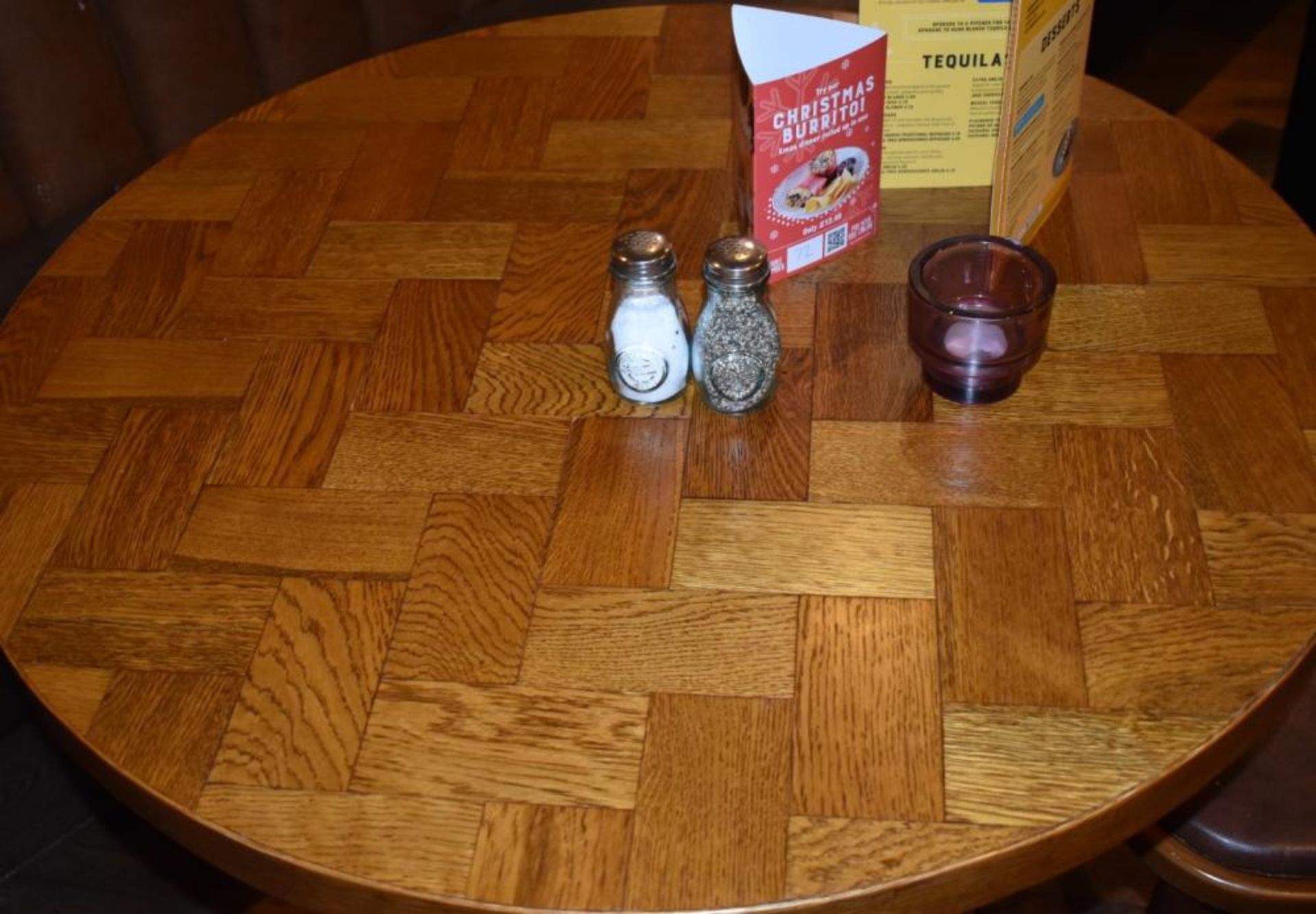 3 x Parquet Design Round Restaurant Dining Tables With Cast Iron Bases - Small Size - CL461 - Locati - Image 3 of 4