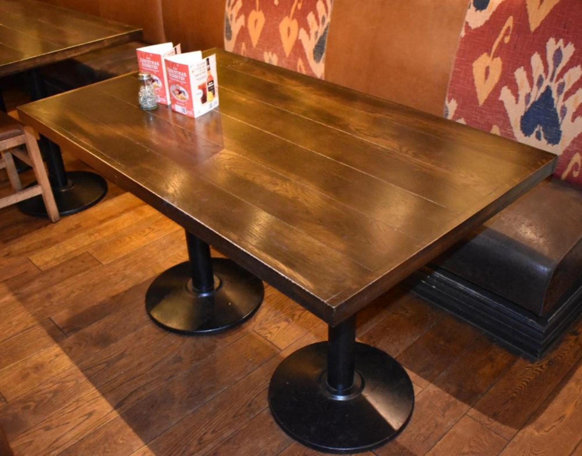 7 x Rectangular Dining Tables With Twin Black Pedestals and Dark Wood Panel Effect Table Tops - H77 - Image 2 of 3