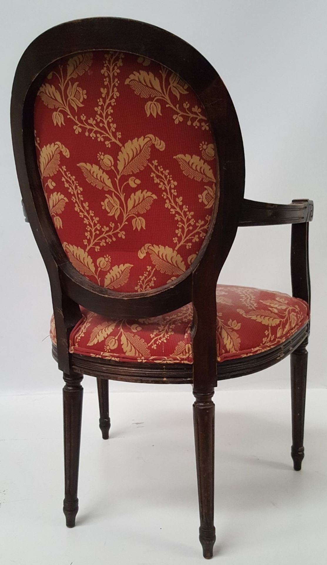 6 x Antique Style Wooden Chairs Upholstered In Red Fabric With Gold Leaf Design - CL431 - Image 7 of 8