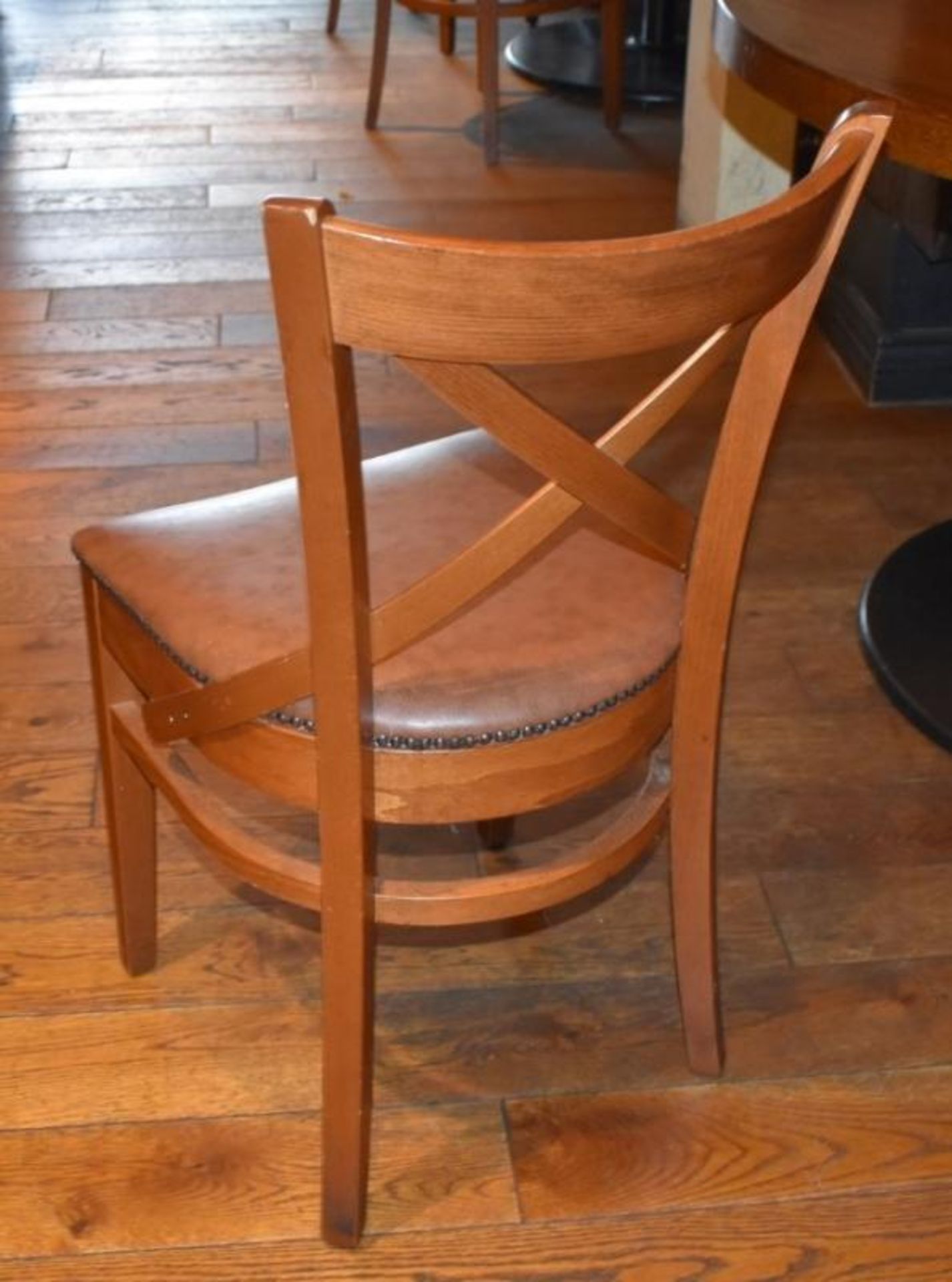 15 x Restaurant Dining Chairs With Wooden Crossbacks and Faux Leather Brown Seat Pads H84 x W45 cms - Image 2 of 4
